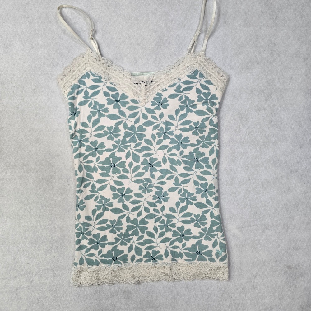 American Eagle Outfitters Floral Lace Trim Cami Top Teal Cream Y2K Medium